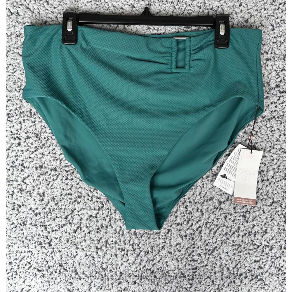 CALIA Women's XXL Asym Rectangle Trim Swim Bottoms Jungle Green Stripe Mesh $58
